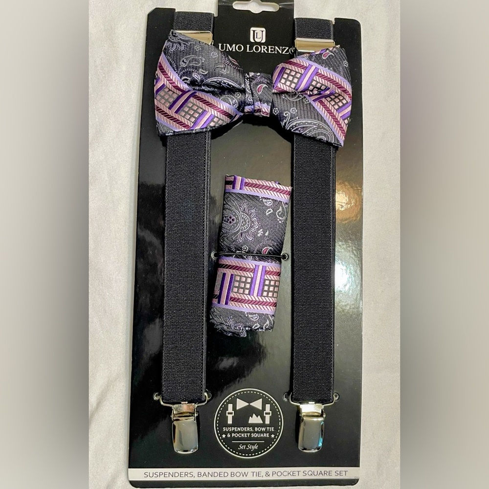 Men's Paisley Suspenders and Self-Tied Bow Tie with Pocket Square Hanky Set